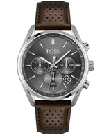 The Hugo Boss Watches 1513815 men’s chronograph features a silver case, dark gray dial with three subdials, date window, tachymeter, and brown leather strap—an elegant addition to the Hugo Boss Watches collection.