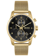 A close-up of the Hugo Boss 1513838 Men Watch highlights its elegant gold-tone stainless steel case and refined chronograph features, reflecting the sophistication of Hugo Boss Watches.