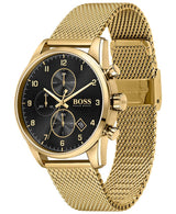 The Hugo Boss 1513838 men’s chronograph watch features a gold-tone stainless steel case, black dial, gold hour markers, three subdials, a mesh metal band, and the BOSS logo on the face and clasp.
