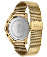 The Hugo Boss 1513838 men’s watch features a gold-tone stainless steel mesh band, a stainless steel backplate engraved with BOSS, and a gold clasp with the BOSS HUGO BOSS logo—a standout from Hugo Boss Watches.