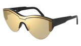 Balenciaga BB0004S 006 99 Unisex Sunglasses feature large, curved gold-tinted shield lenses and a bold top frame. Shown on a plain white background, these sleek black Balenciaga sunglasses offer standout style for any gender.