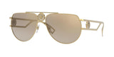 The Versace VE2225 10027I 60 Unisex Sunglasses feature a gold pilot frame, brown-tinted lenses, Medusa emblems on the bridge and sides, and open cutout arms for a stylish look.