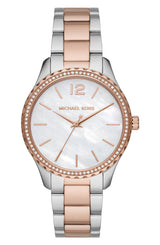 The Michael Kors MK6849 Layton watch features a two-tone silver and rose gold stainless steel strap, a mother-of-pearl dial with rose gold hour markers, and a crystal-embellished bezel.