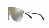 The Versace VE2180 10005A 44 Women Sunglasses feature sleek, oversized shields with reflective gradient lenses, black arms, and silver hinge details. A bold style statement from Versace Sunglasses—perfect for standout looks.