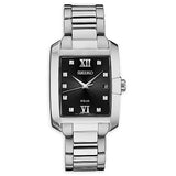 The Seiko Watches SNE461 Diamonds Silver men’s watch boasts a durable stainless steel strap and striking black dial, blending style and precision for the modern man.