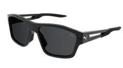 Puma PU0328S 001 58 Men Sunglasses: black sporty rectangular frames with dark lenses, thick angular arms, and white Puma logo by the hinges, displayed on a white background.