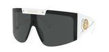 Versace VE4393 401/87 46 Unisex Sunglasses by Versace feature a single large black lens, white frame, gold logo on the bridge, and Medusa emblems on the temples for a bold luxury look.