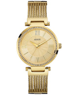 The Guess U0638L2 Gold Stainless Steel Women's Watch features a round face with Roman numerals, a crystal bezel, and a braided mesh strap. This elegant Guess Watches timepiece boasts a minimalist design without a date display.