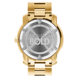 The back of the Movado Watches 3600258 Bold Metals Gold Stainless Steel Strap Men’s Watch features engravings: MOVADO BOLD, SWISS QUARTZ MOVEMENT, WATER RESISTANT, STAINLESS STEEL CASE.