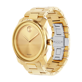 The Movado 3600258 Bold Metals Gold Stainless Steel Men’s Watch by Movado Watches features a minimalist gold dial, gold hands, a sleek link band, engraved silver clasp, and precise Swiss quartz movement.