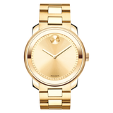 The Movado Watches 3600258 Bold Metals men's watch features a gold stainless steel strap, minimalist gold face with small tick marks and two hands, plus precise Swiss quartz movement. Brand is subtly displayed on the dial.