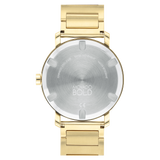 Back view of the Movado Watches 3600508 Bold Evolution men’s watch, featuring a gold stainless steel case and strap. The engraved silver back cover details the Swiss quartz movement and water resistance.