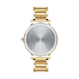 The Movado 3600705 Bold Evolution Gold Stainless Steel Strap Women Watch by Movado Watches features a round, silver back engraved with MOVADO BOLD, SWISS MOVEMENT, STAINLESS STEEL CASE, and WATER RESISTANT on a white background.