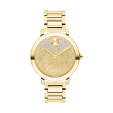 The Movado 3600705 Bold Evolution Gold Stainless Steel Strap Women’s Watch from Movado Watches features a textured gold dial with crystals on the upper and lower halves and a single round 12 o’clock marker.