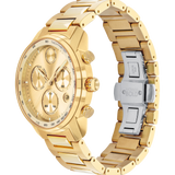 The Movado 3600741 Bold Verso Gold Stainless Steel Strap Men’s Watch features three subdials, Swiss chronograph, tachymeter scale, day/date displays, and a silver clasp engraved with MOVADO BOLD. From Movado Watches.