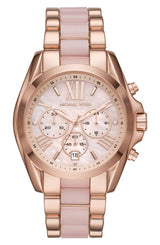 The Michael Kors MK6830 Women’s Watch features a pink mother-of-pearl dial with Roman numeral at 12, three subdials, date window at 6, and a rose gold and pink metal band. Brand: Michael Kors Watches.
