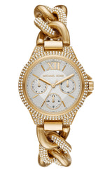 The Michael Kors MK6842 Mini Camille is a gold stainless steel women’s watch with a round face, Roman numerals, three subdials, and a thick link strap embellished with sparkling crystals for an elegant touch.