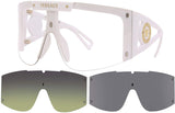 Versace 0VE4393 401/1W46 Unisex Sunglasses in white with gold logo feature detachable visor-style lenses. Two interchangeable dark lenses are shown alongside these authentic Versace Sunglasses.