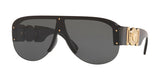 Versace VE4391 GB1/87 48 Unisex Sunglasses feature a black oversized visor style, dark lenses, gold-tone rivets on the frame, and an ornate gold Medusa detail on the temples. Versace Sunglasses deliver a bold look.