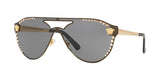 The Versace VE2161B 100287 42 Unisex Sunglasses by Versace Sunglasses feature gold rims, dark lenses, rhinestone accents on the top and sides, and Medusa head emblems at the temples for a striking look.