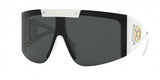 Versace 0VE4393 401/1W46 Unisex Sunglasses feature a bold black and white frame, wide single dark lens, gold accents, and the iconic Medusa emblem, capturing authentic Versace style with logo details on top and side.