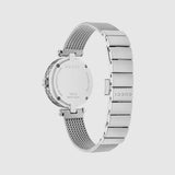 The Gucci YA141504 Women's Watch features a silver stainless steel mesh strap, engraved case back with screws and GUCCI branding, and a branded clasp, all signature details of Gucci Watches.