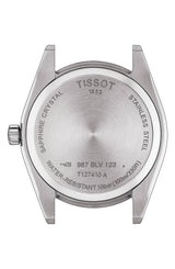 Back view of the Tissot Watches Gentleman Men’s watch (T1274101105100) displaying engravings: Sapphire Crystal, Stainless Steel, 10 bar water resistance (100m/330 ft), and the year 1853.