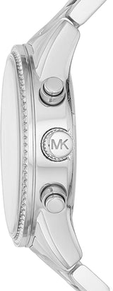 Side view of the Michael Kors Watches MK6428 Lexor Miami for women, showing two push buttons, an MK-engraved crown, textured bezel, and a metal band—an elegant women's watch by Michael Kors Watches.