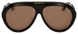 Gucci GG0479S 001 61 Men Sunglasses feature black frames, brown lenses, and the signature gold GUCCI logo above the nose bridge—a bold and stylish accessory from Gucci Sunglasses.
