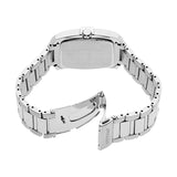 The Seiko SNE461 Diamonds Silver Stainless Steel Strap Men Watch features an open clasp, displaying the Seiko Watches brand on its brushed, polished metal rectangular case—an elegant choice for men.