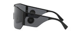 Versace VE2220 100987 41 Unisex Sunglasses feature a sleek black shield design with a single wide lens, Medusa logo medallion, and Versace branding on the side.