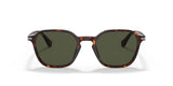 Front view of Persol PO3256S 24/31 51 Unisex Sunglasses by Persol Sunglasses, featuring a brown tortoiseshell frame, green lenses, and a geometric design—displayed on a white background.