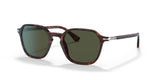 Persol PO3256S 24/31 51 Unisex Sunglasses by Persol Sunglasses, featuring tortoiseshell frames, dark green rectangular lenses, silver hinge accents, and thin arms. Stylish and authentic design shown on a white background.