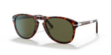 Persol PO0714SM 24/P1 54 Unisex Sunglasses by Persol Sunglasses feature a folding tortoiseshell frame, green-tinted lenses, and silver hinge accents, shown against a white background.