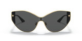 Front view of Versace VE2239 100287 47 unisex sunglasses with black lenses, gold cat-eye frame, and small Medusa logos on the corners. The Versace logo is on one lens. Available from an authorized Miami dealer.