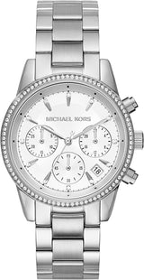 The Michael Kors MK6428 Women Watches Lexor Miami by Michael Kors Watches features a round face, three subdials, date display, crystal-studded bezel, metal link band, and silver hour markers for an elegant women's design.