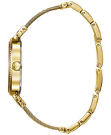 Side view of the Guess Watches U0638L2 women’s watch featuring a slim, round gold stainless steel case, crystal bezel, gold links with braided silver cable detail on the strap, and a visible crown on the left.
