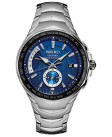A close-up of the Seiko SSG019 Coutura by Seiko Watches, a men’s watch featuring advanced Radio Sync Solar technology, available at Lexor Miami.