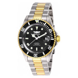 The Invicta 28663 Pro Diver Automatic Men’s Watch features a black dial, gold and silver metal band, date display at 3 o’clock, black unidirectional bezel with white hour markers, and luminous hands. Brand: Invicta Watches.