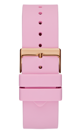 A pink silicone watch strap for Guess U0700L2 FLARE women watches by Guess Watches, featuring a rose gold metal buckle, multiple adjustment holes, and two loops to secure the strap end, shown vertically.