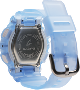 The image displays the back of a G-Shock BA-130CV-2A Baby-G Analog Digital Women Watch by G-Shock Watches, featuring a translucent blue resin strap and stainless steel case back engraved with brand details.
