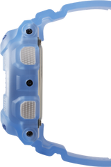 Side view of the G-Shock BA-130CV-2A Baby-G Analog Digital Blue Resin Strap Women Watch by G-Shock Watches, featuring a textured band and two casing screws, displayed on a white background—ideal for stylish women.