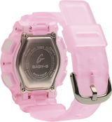 The G-Shock BA-130CV-4A Baby-G Analog Digital Pink Resin Strap Women’s Watch by G-Shock Watches is shown from the back, featuring an engraved stainless steel case and a silver buckle on its pink strap.
