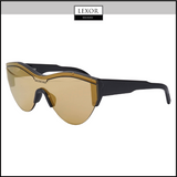 Balenciaga BB0004S 006 99 Unisex Sunglasses shown at an angle with oversized, angular amber-tinted lenses. Sleek black frames and the LEXOR MIAMI logo featured at the top—trendy eyewear for any style.