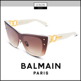 The Balmain BPS-106B-150 Armour Unisex Sunglasses feature white arms, gold accents, and brown gradient lenses—stylish designer eyewear by Balmain Sunglasses, perfect for any fashionable look. Displayed with Lexor Miami and Balmain Paris logos.