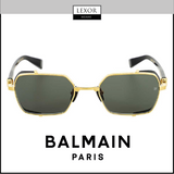 Balmain BPS-117A-52 Brigade III unisex sunglasses with gold rectangular frames and dark lenses, shown on a white background. "Lexor Miami" logo appears at the top.