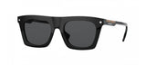 The Burberry BE4318 300187 51 Camron Unisex Sunglasses feature a black rectangular frame with dark lenses, tan/white/orange striped temple accents, and the Burberry logo near the hinge.