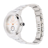 The Mulco MW5 5003 024 Blue Marine Women’s Watch by Mulco Watches features a stainless steel strap, round white dial with rose gold accents, and is shown angled to display the side, face, and part of the clasp.