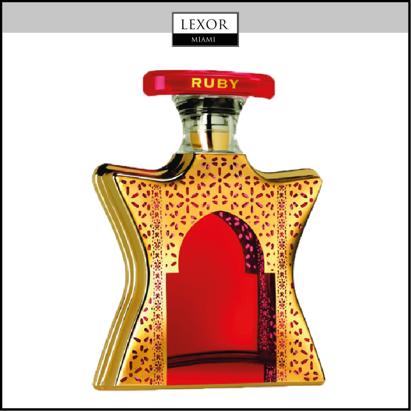 Bond No. 9 Dubai Ruby 3.4 EDP Unisex Perfume by Bond No. 9 Perfumes features a gold and red patterned bottle with a ruby-inspired, window-like design that reveals the red fragrance inside, drawing from Arabian perfume traditions.