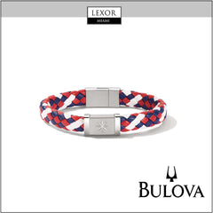 The image shows a Bulova Bracelet Dial J96B032M Unisex by Bulova Jewelry—braided red, white, and blue strands with a silver star-engraved clasp—plus Lexor Miami and Bulova logos beside the watch on a white background.